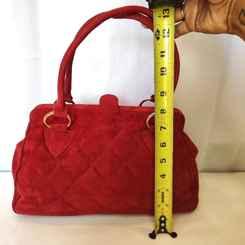 Vintage Red Quilted Suede Leather Satchel Handbag Gold Hardware Top Handle Purse - Picture 12 of 16